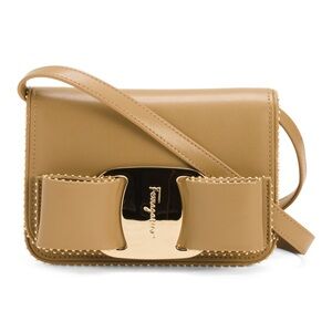 Salvatore Ferragamo Vara Bow Small Leather Crossbody Bag Camel w Gold Accent New